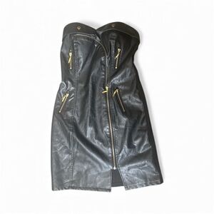 Carmin Black Strapless Leather Dress with Gold Zippers
